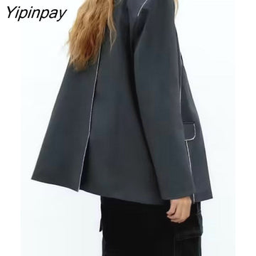 Yipinpay Women Fashion Single Button Blazer Coat 2023 Vintage Long Sleeve Flap Pockets Female Outerwear Chic Vestes Femme